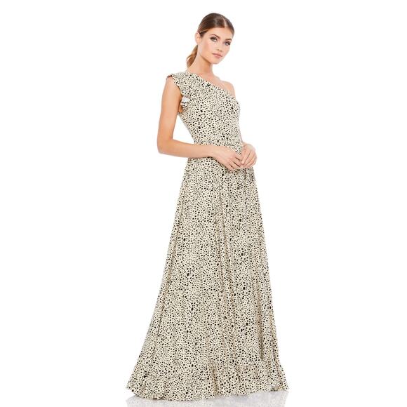NWT New Mac Duggal Sz 2 Cheetah Dalmation One Shoulder Animal Print Maxi Dress - Picture 1 of 6